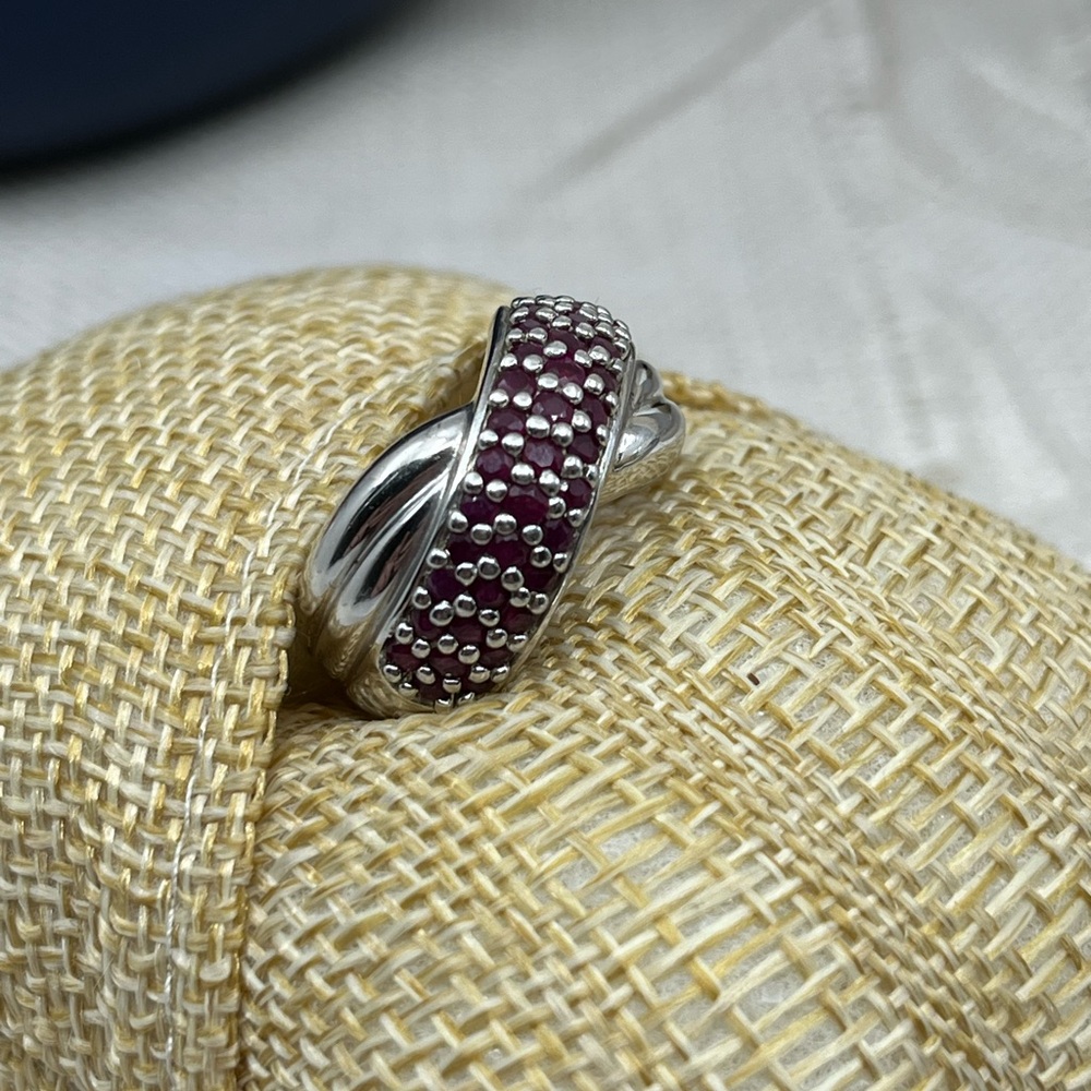 Vintage Estate Sterling Silver Wide Band Ring, Ruby Color Stones Size 5.75 - Picture 8 of 15